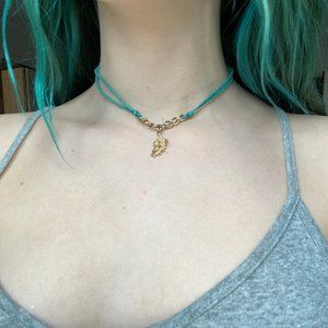 Blue Teal Pleather Gold Feather Pendent